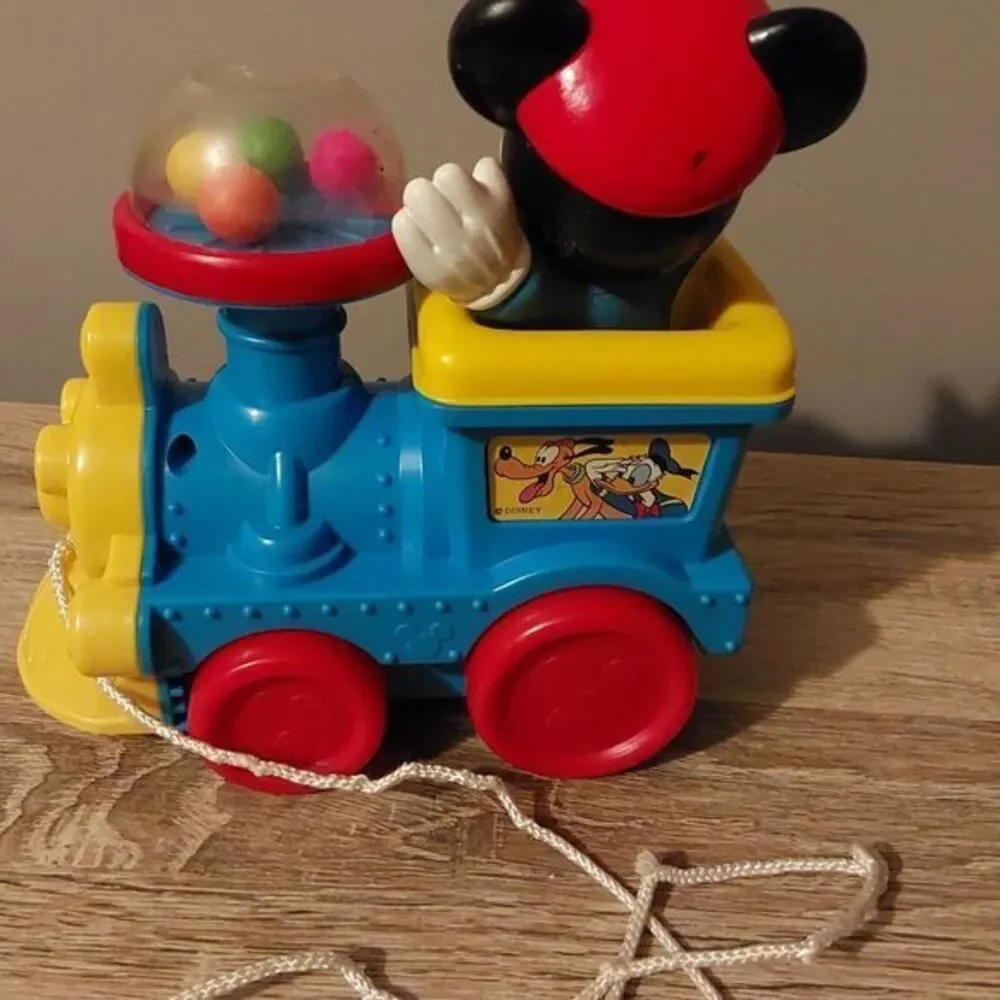 Vintage Plastic Disney Mickey Mouse on Train Pull Toy Balls Pop‎ Up when pulled